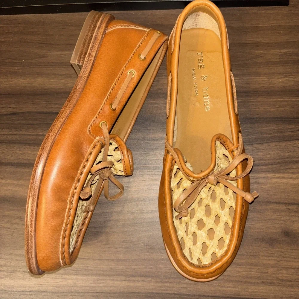 New $328 Rag & Bone 6.5 Carter Loafer 36.5 Natural Leather Woven Trim Boat Shoes